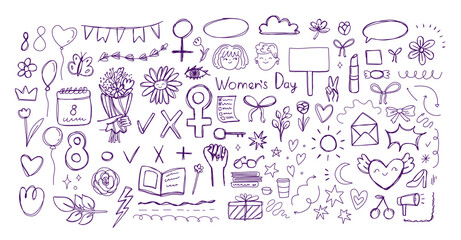 Blue ballpen scribble Women's Day art collection. Simple scratch squiggle lines set. Hand drawn marks, underline strokes, doodles and arrows. Grunge marker stroke