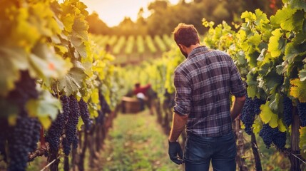 A winemaker inspecting grapes in a vineyard during harvest season, with rows of grapevines and rustic equipment, Vineyard scene