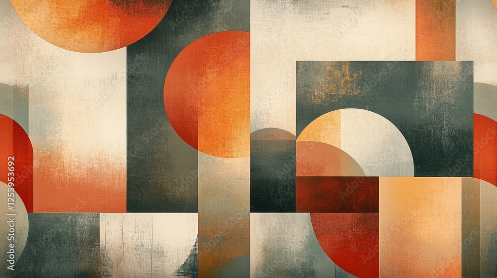 Poster abstract geometric composition featuring circles rectangles and a muted palette