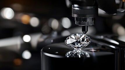 Close-up of a diamond being examined under a microscope in a laboratory setting, showcasing precision