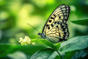 Obraz premium Nature's Transformation: Close-Up of a Butterfly Cocoon on a Leaf Surrounded by Lush Greenery
