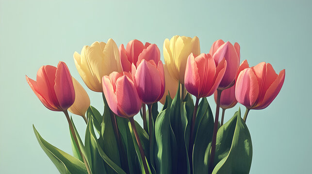 Vibrant Spring Tulip Bouquet: Colorful Flowers in Pink, Yellow, and Orange with Fresh Petals, Greenery, and Serenity for Elegant Outdoor Decoration and Joyful Floral Aesthetics