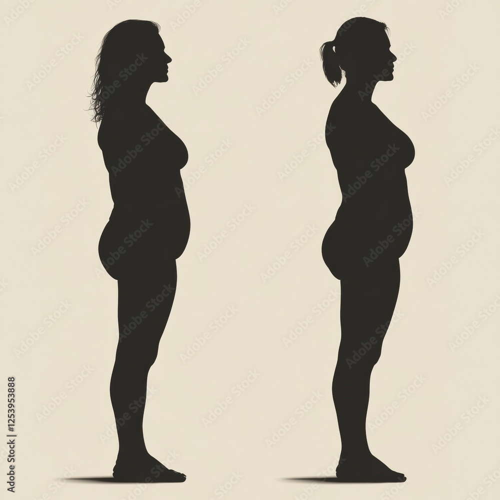 Poster Weight loss transformation silhouette demonstrating change in body shape and size. Generative AI