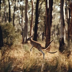 A kangaroo dynamically leaps through a sunlit forest, embodying freedom and vivacity within the natural landscape.