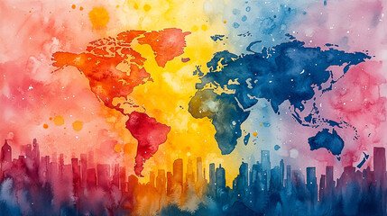 Map of the world made out of watercolor splashes, vibrant and artistic, perfect for wall art