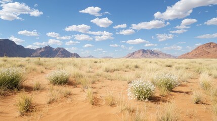 Desert landscape with mountains and wildflowers. Sunny day.  Possible use Stock photo