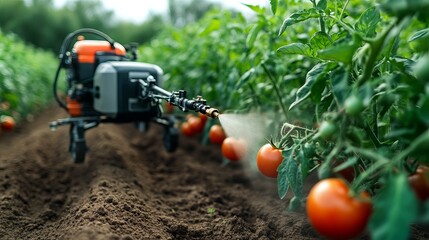 Naklejka premium Close-up of a tomato plant being sprayed by an agricultural machine in a lush green field.