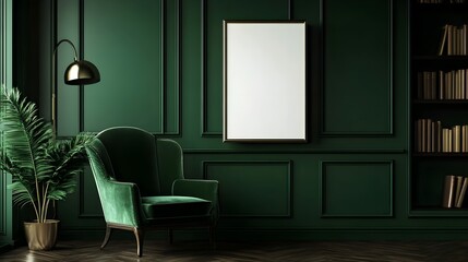 A deep green-walled library with a velvet reading chair and a framed blank canvas.