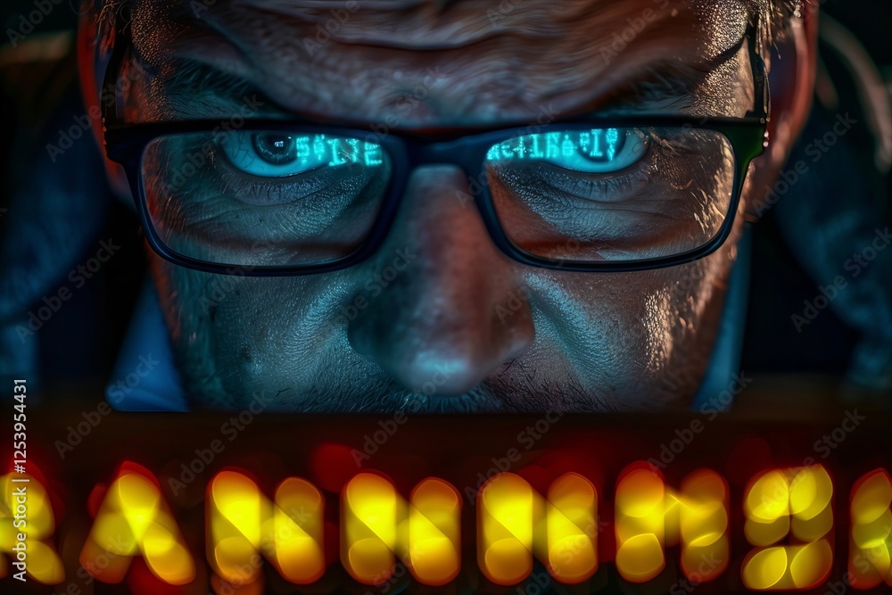 Poster concerned businessman at work computer with ransomware displayed on screen