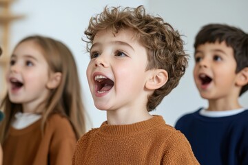 Children's singing program vibrant classroom excited faces under bright lights low angle view capturing energy