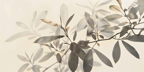 Serene Branch: Abstract botanical artwork featuring a delicate branch adorned with muted grey and beige leaves, creating a tranquil and ethereal ambiance.