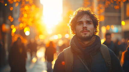 Naklejka premium Golden hour urban portrait of a student on city streets