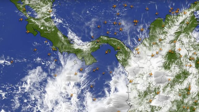 Interactive map of air traffic. Radar shows aircraft movements over Panama territory.
