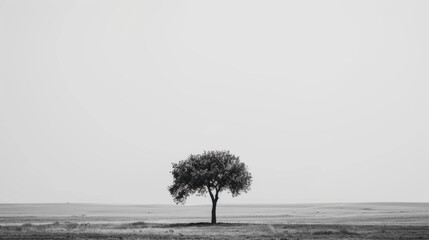 Obraz premium Solitary Tree in Open Field: Minimalist Black and White Landscape for Contemplation