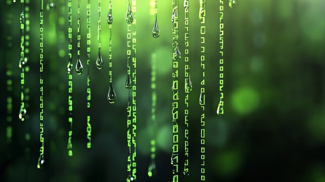 Abstract representation of digital rain with binary code in a vibrant green setting, creating a tech-inspired atmosphere.