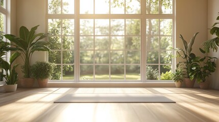 A person enjoys a peaceful moment practicing yoga on a mat in a minimalist room. Large windows allow natural light to fill the space, enhancing the sense of tranquility