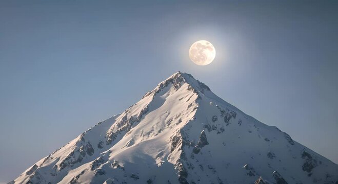 A snow-covered mountain peak glowing under the soft light of a full moon 4K