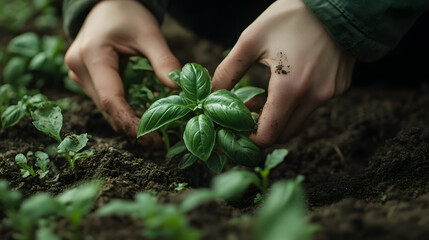 Hands picking basil from the garden
