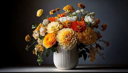 Orange floral arrangement in a sculptural vase