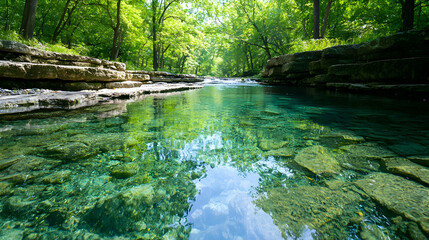 Crystal-clear stream flows through lush forest, sunlight dappling water, nature background, ideal for travel brochures