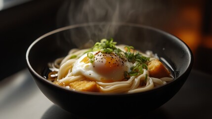 Steaming hot udon served in a black lacquer bowl, garnished with fish cakes, scallions, and a perfectly poached egg.