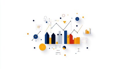 Fototapeta premium Abstract Graphic Illustration of Business Analytics with Colorful Bar Graphs, Pie Charts, and Geometric Shapes on White Background for Data Visualization and Marketing Concepts