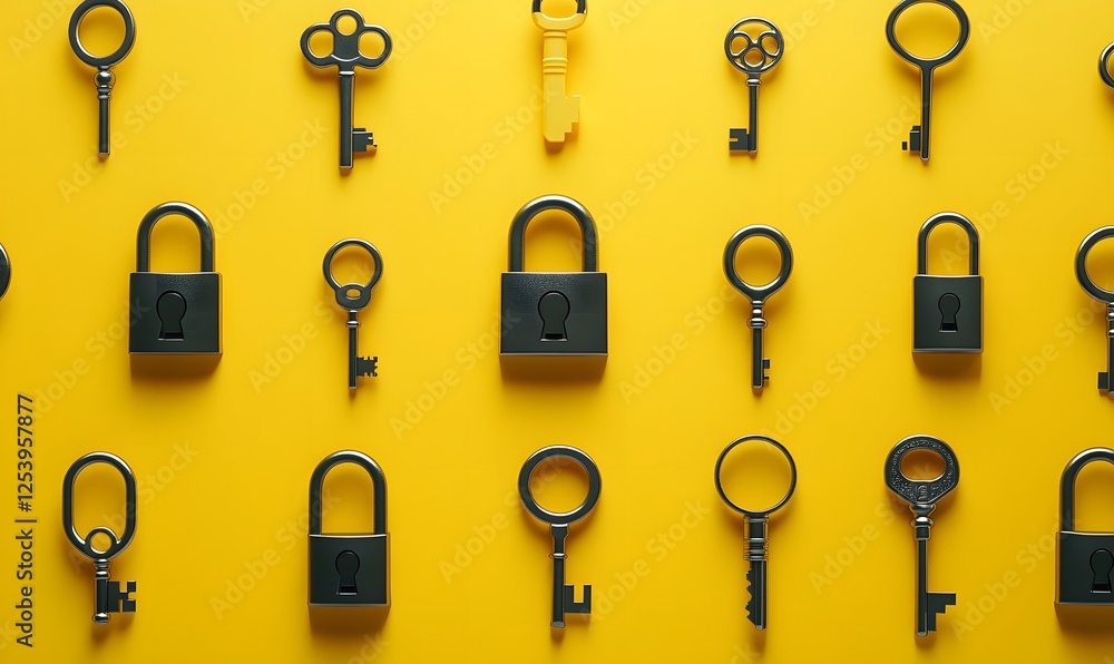 Poster keys and padlocks arranged on a vibrant yellow background creating a secure pattern