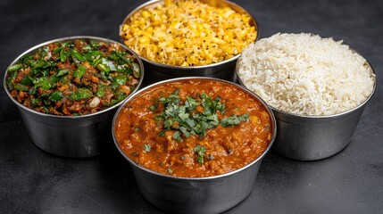 Four bowls of Indian dishes on a dark background. Possible use Stock photo for restaurant, food blog, or cookbook