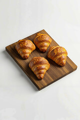 A wooden cutting board with four croissants on it