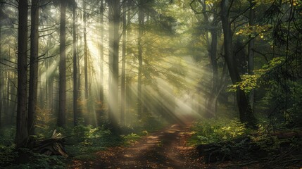 Obraz premium Misty Morning Path in Dense Forest with Ethereal Sunlight Rays for Nature Prints