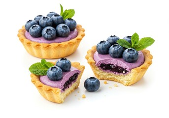 Small tarts with purple cream filling topped with fresh blueberries and a garnish of mint leaves isolated on white background