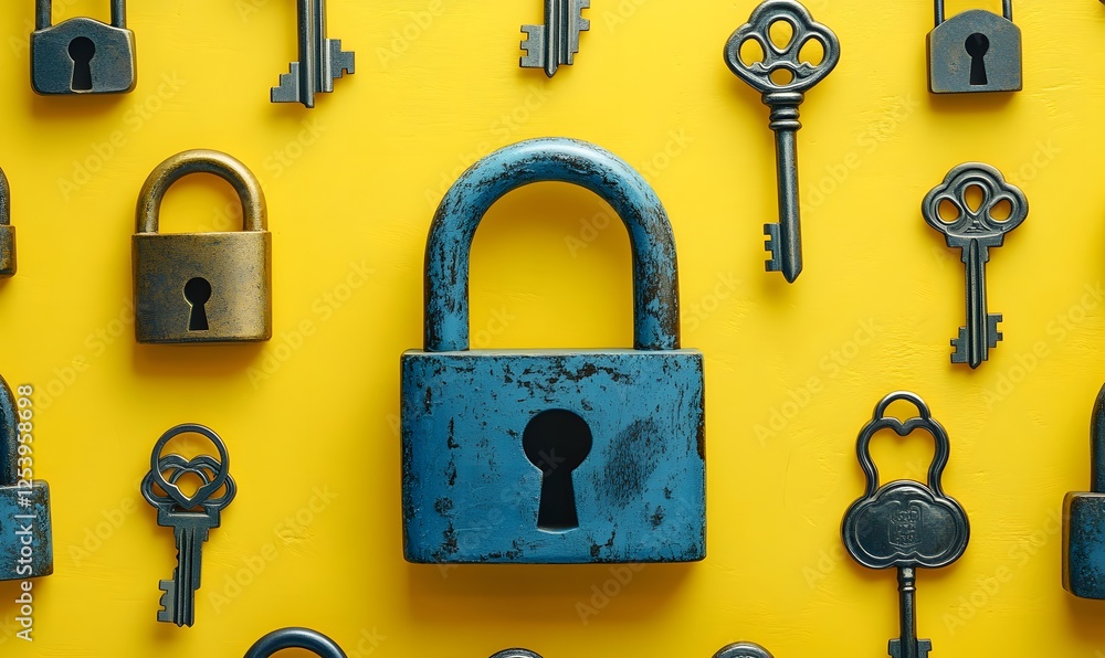 Aufkleber a vibrant yellow backdrop featuring an array of keys and padlocks in various styles and colors