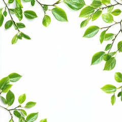 Fresh green leaves border on white background (1)