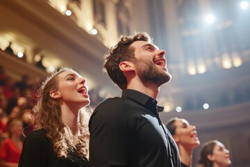 Thematic vocal celebrations showcase joyful performers in a grand hall soft lighting enhances emotional experience
