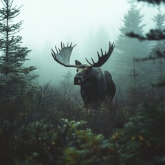 A majestic moose stands amid a misty forest, exuding mystery and the awe-inspiring beauty of nature, blending strength with serenity.