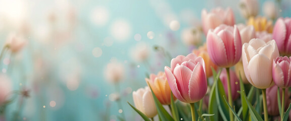 wide panoramic closeup photo of beautiful red and pink color blooming tulip flowers in a garden with copy space