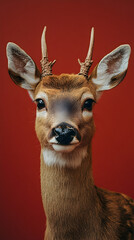 Obraz premium Close-Up Portrait of a Young Deer in Vibrant Red Background - Expressive Wildlife Photography in Natural Habitat
