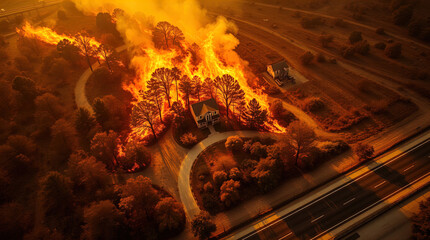 Fototapeta premium ominous forest fire near road, forest and house burning near highway, fire in california
