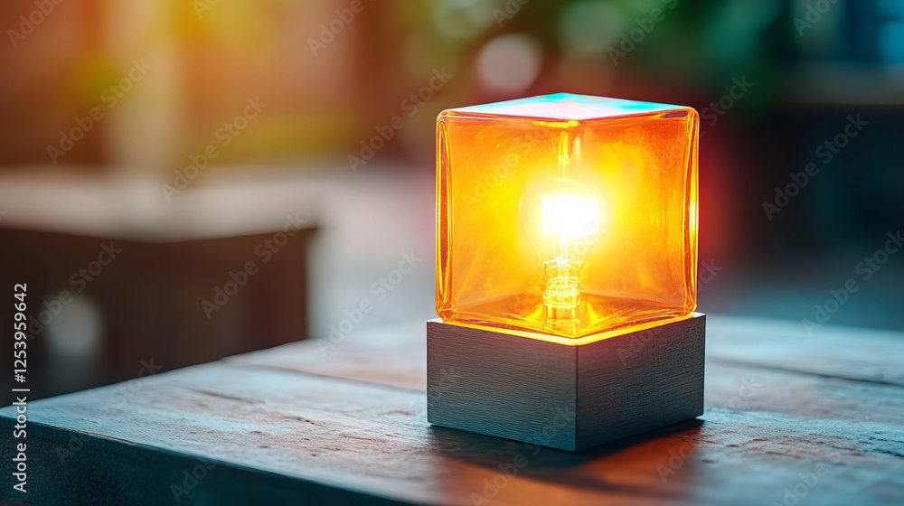 Poster a stylish orange glass lamp casting a warm glow on a wooden table, creating a cozy and inviting atmo