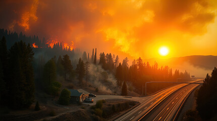 ominous forest fire near road, forest and house burning near highway, fire in california