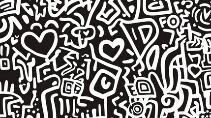 Obraz premium Abstract artistic pattern with white doodles on black background featuring hearts, shapes, and whimsical designs perfect for various creative projects and media uses.