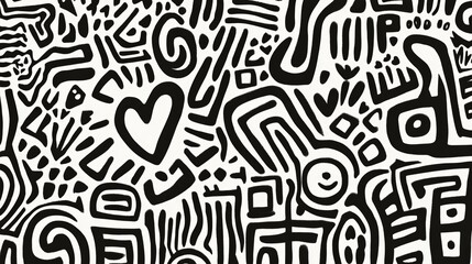 Abstract Black and White Pattern with Curved Lines, Dots, and Shapes Featuring Hearts and Geometric Elements for Artistic or Decorative Use