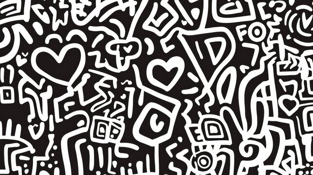 Abstract artistic pattern with white doodles on black background featuring hearts, shapes, and whimsical designs perfect for various creative projects and media uses.