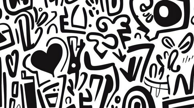 Abstract black and white doodles with whimsical shapes, lines, and expressions creating a vibrant and playful background suitable for various design projects and creative themes