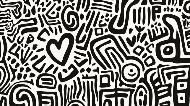Abstract Black and White Pattern with Curved Lines, Dots, and Shapes Featuring Hearts and Geometric Elements for Artistic or Decorative Use