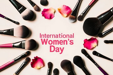 A whimsical composition beauty brushes and floral petals forming a circle, with "International Women's Day" in bold rose pink text at the center