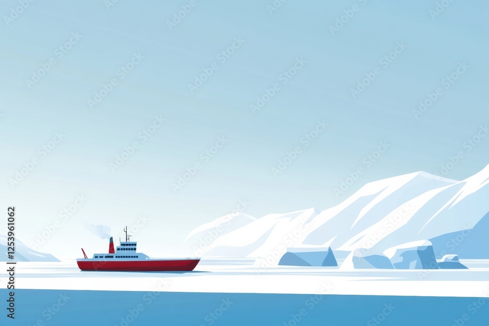 Aufkleber vessel navigating icy waters while snow covered mountain peaks loom in background on a clear, serene