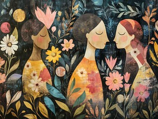 Female figures with flowers and freedom symbols for Women�s Day