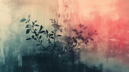 Branches with leaves stand against a textured colorful background