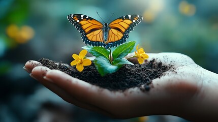 A delicate butterfly rests on a sprouting plant in a person's hand, symbolizing growth and connection with nature.